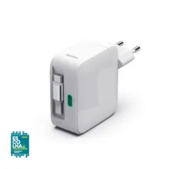 Carregador USB-C 2 Portas GaN 30W c/ Cabo Extensível Branco