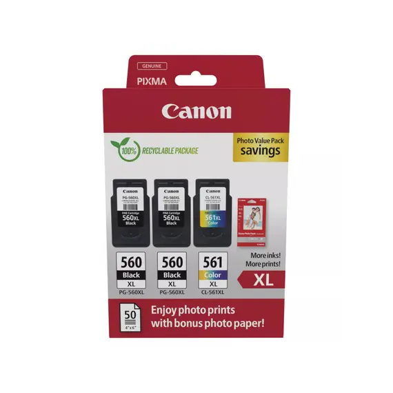 Pack Tinteiros Canon 560XLx2/561XL Preto e Cor + Papel 3712C012 | Alta Qualidade de Impressão