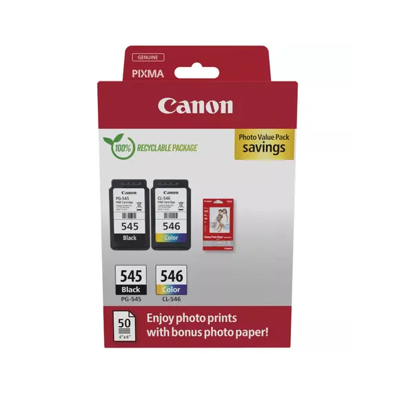 Pack Tinteiros Canon 545/546 Preto e Cor com Papel GP501 | Impressão de Alta Qualidade