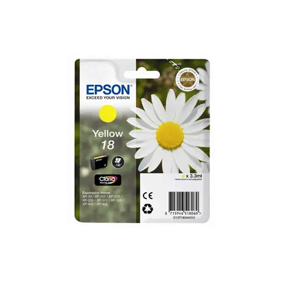 Tinteiro Epson 18 Amarelo C13T18044010 - Cartucho de tinta amarelo para impressoras Epson na BluePixel.pt