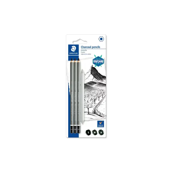 Lápis Carvão STAEDTLER 100C com Esfuminho 3un - Material de Desenho de Alta Qualidade