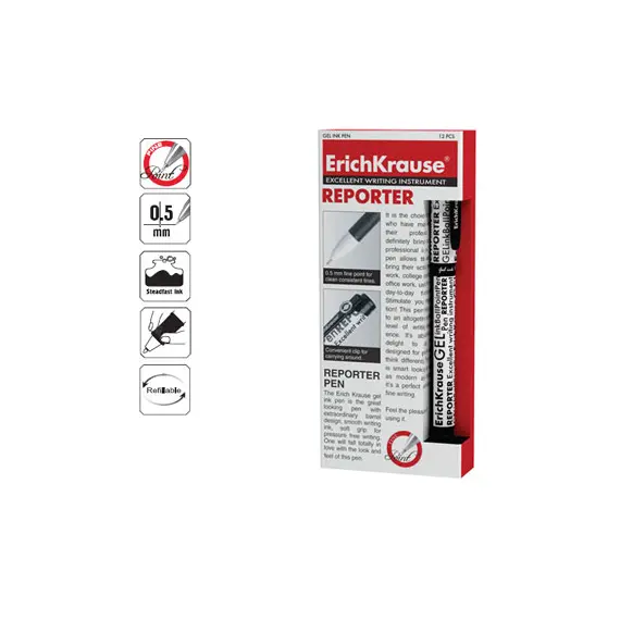 Esferográfica Gel EK Reporter Preta 0,5mm - Pack de 12 | ErichKrause na bluepixel.pt