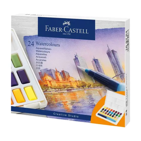 Conjunto de Aguarelas 24 Cores Faber-Castell com Pincel Água e Paleta | Loja BluePixel