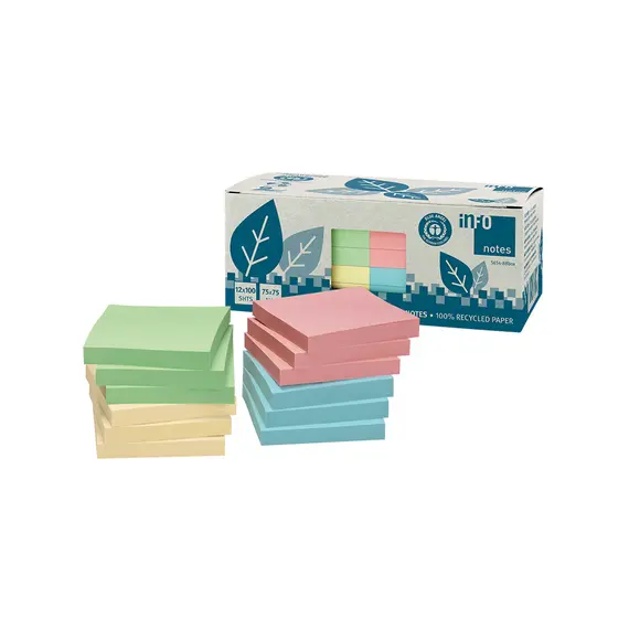 Bloco de Notas Aderentes 75x75mm Reciclado INFONOTES - 12 unidades | Loja online bluepixel.pt