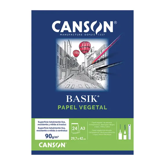 Papel Vegetal A3 90g Canson - Bloco com 24 folhas para desenhos técnicos e artísticos