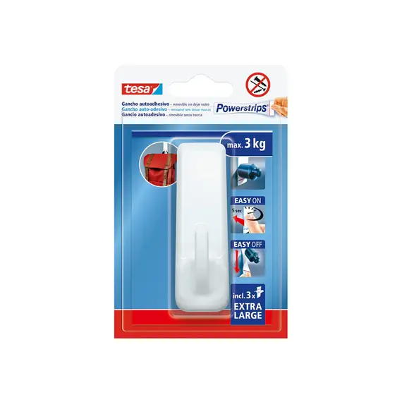 Gancho Retangular Adesivo Tesa Powerstrips 3kg Branco | Fixação Segura e Prática