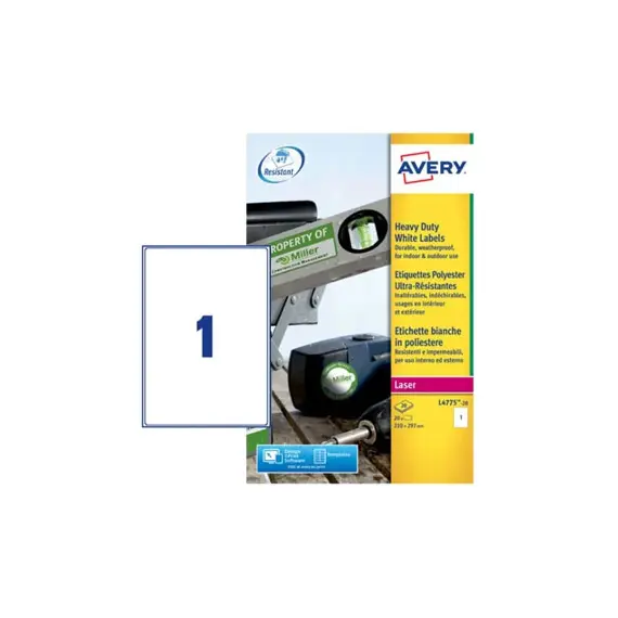 Etiquetas Resistentes Avery 210x297mm - 20 Folhas para Uso Externo | bluepixel.pt