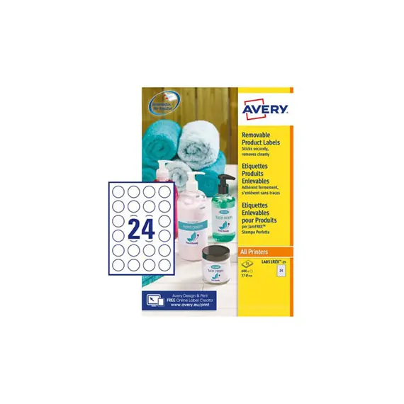 Etiquetas Redondas Removíveis Avery 37mm - Pack com 25 Folhas e 600 Unidades | bluepixel.pt
