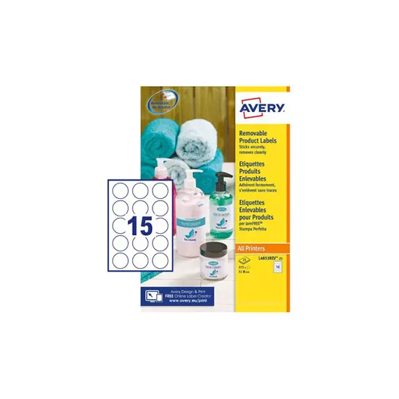 Etiquetas Redondas Removíveis Avery 51mm - 25 Folhas, 375 Unidades | Loja BluePixel