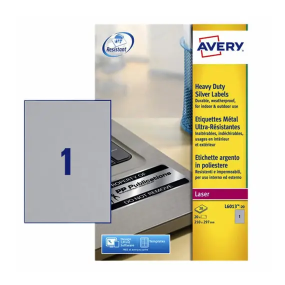 Etiquetas Resistentes 210x297mm Prata - Pack de 20 Folhas | Avery | Loja BluePixel