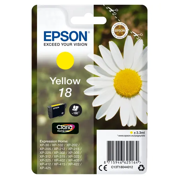 Tinteiro EPSON 18 Amarelo para Impressoras XP-30, XP-02, XP-05, XP-12, XP-15, XP-22, XP-25 | BluePixel.pt