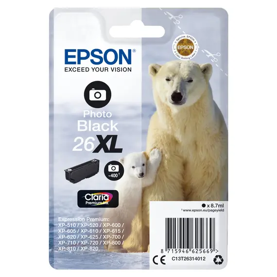 Tinteiro EPSON 26 Preto Foto XL para Impressoras Expression Premium XP-5xx/6xx/7xx/8xx | Bluepixel.pt