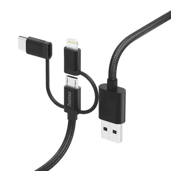 Cabo HAMA 3 em 1 Micro USB, USB-C e Lightning, 1,5 m, Preto - Modelo 201536