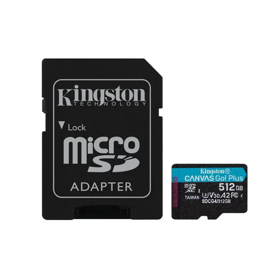 Cartão microSDXC Kingston 512GB Canvas Go Plus Gen4 200MB/s U3 A2 V30 com Adaptador | bluepixel.pt