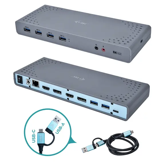 I-TEC USB 3.0/USB-C Dualdock - Docking station com múltiplas portas para monitores 5K e 4K compatível com Thunderbolt 3