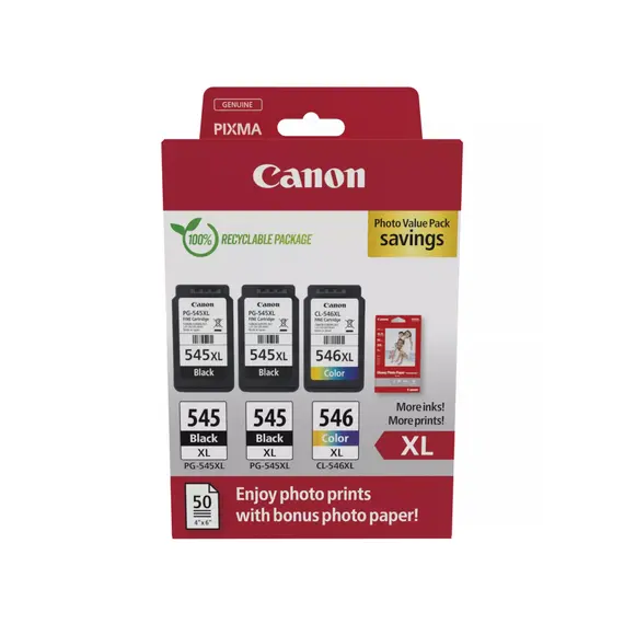Pack Tinteiros Canon 545XLx2/546XL Preto/Cor+Papel 8286B015