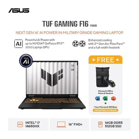 ASUS TUF GAMING FX608JHI-74B55CS2 INTEL CORE i7-14650HX 16.0INCH WUXGA 16GB 512GB PCIE G4 SSD GEFORCE RTX 5050 8GB GPU NOOS