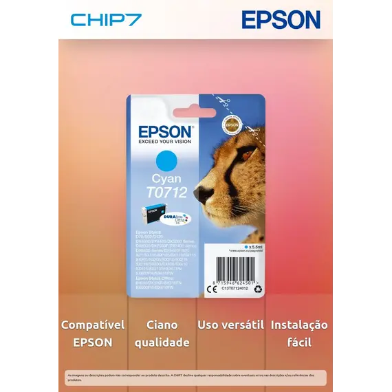 Tinteiro EPSON T0712 Ciano - B40/110, BX3xx/600, D120, DX74xx/84xx/9400, SX2xx/4xx5/5xx/6xx