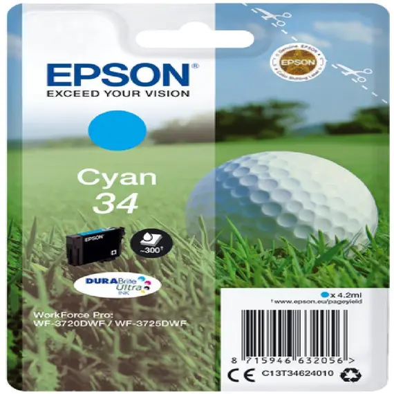 Tinteiro EPSON 34 Ciano + Alarme RF - WorkForce Pro WF-3720/3725