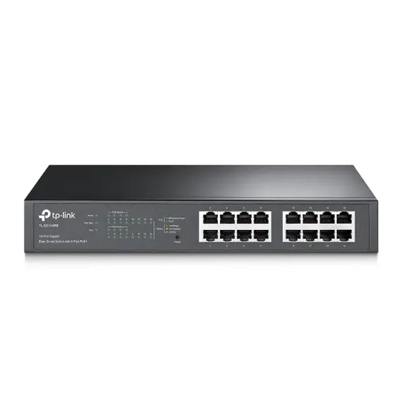 TP-LINK 16-Port 10/100Mbps PoE+ Switch 16 10/100Mbps RJ45 Ports 2 Gigabit RJ45 Ports 2 Combo SFP Slots 802.3at/af 192W PoE