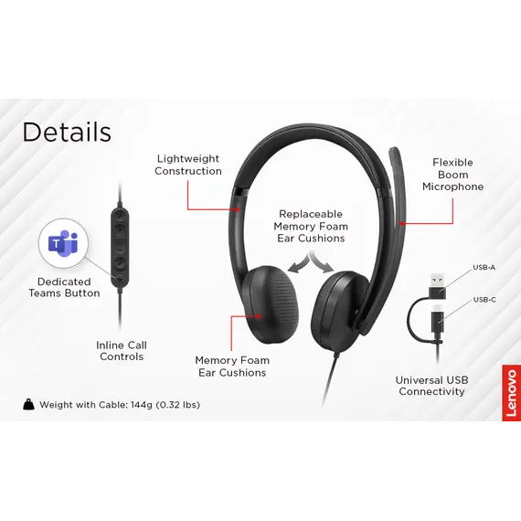 LENOVO Wired VoIP Headset Teams