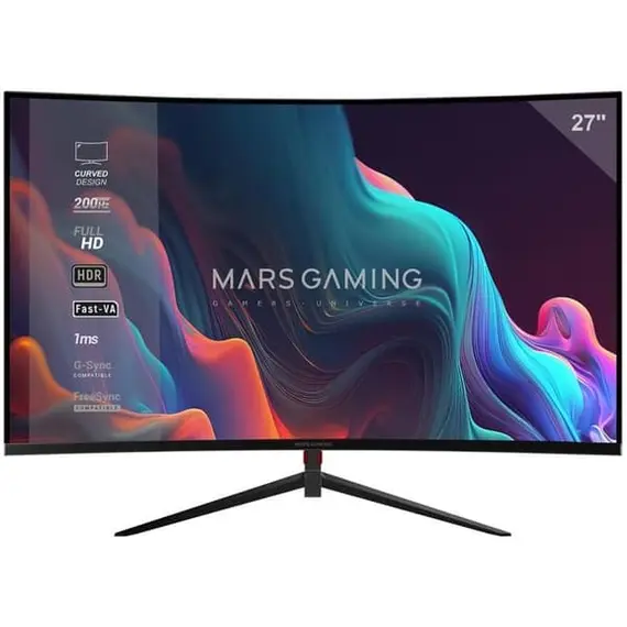 MARS GAMING MV-27C 1MS 200HZ FHD 1920 1080 CURVED 27INCH FRAMELESS SLIM MONITOR FREESYNC & GSYNC SUPPORT HDR10 TECHNOLOGY HDMI 3.5MM