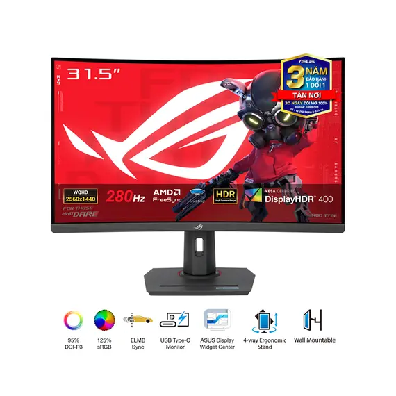 ASUS ROG Strix XG32WCMS 31.5inch Fast VA WLED Curved 1500R WQHD 16:9 280Hz 350cd/m2 1ms HDMI DP USB-C Black