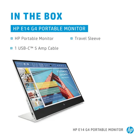 HP E14 G4 14inch IPS FHD Portable Monitor 16:9 400cd/m2 5ms GtG 2x USB Type-C with DisplayPort 1.2 Alt mode Silver 3/3/0