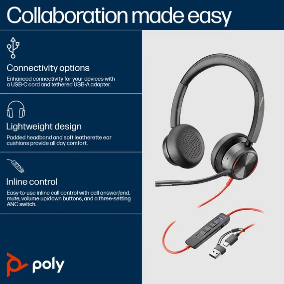 HP Poly Blackwire 8225 Stereo Microsoft Teams Certified USB-C Headset +USB-C/A Adapter SmartBuy