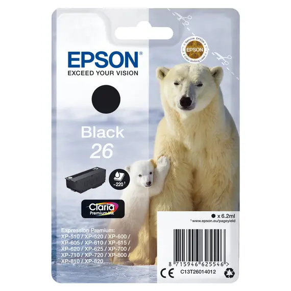 Tinteiro EPSON 26 Preto para Impressoras Expression Premium XP-5xx/6xx/7xx/8xx | BluePixel.pt