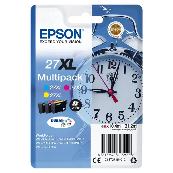 Tinteiro EPSON 27 Multipack 3 Cores XL com Alarme RF para Impressoras WF-3620, 3640, 7110, 7610, 7620 | bluepixel.pt