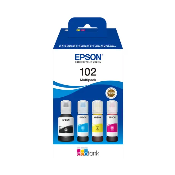 Pack de 4 Cartuchos de Tinta Epson 1LB 102 EcoTank - Impressão de Alta Qualidade e Economia