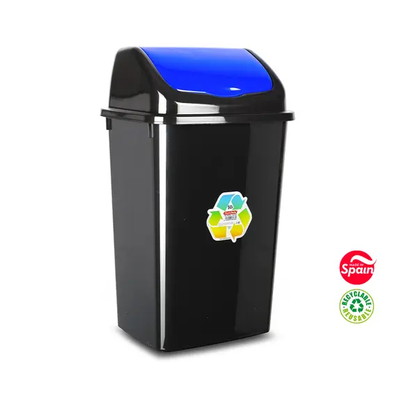 Contentor 50L em Plástico com Tampa Basculante Preto/Azul - Marca 359 | Loja BluePixel