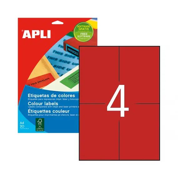 Etiquetas A4 105x148mm Vermelhas 20 Folhas - 80 Etiquetas por Pack | bluepixel.pt