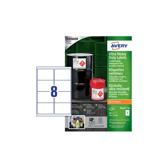 Etiquetas Ultra-Resistentes 105x74mm Avery 50 Folhas 400un