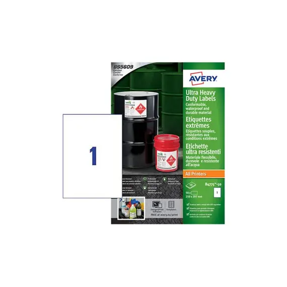 Etiquetas Ultra-Resistentes 210x297mm 50Fls A4 Avery 50un