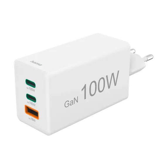HAMA Fast Charger GaN 2x USB-C 1x USB-A Mini Charger PD 100 W white
