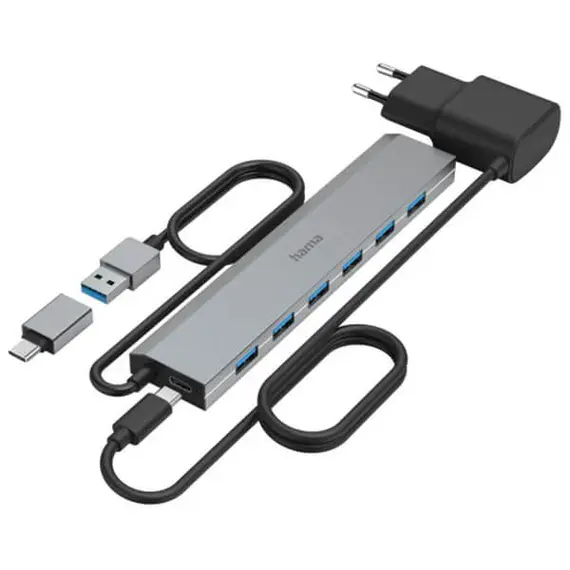HAMA USB HUB, 7 PORTS, USB 3.2 GEN 1, 5 GBIT/S, INCL. USB-C ADAPTER AND PSU