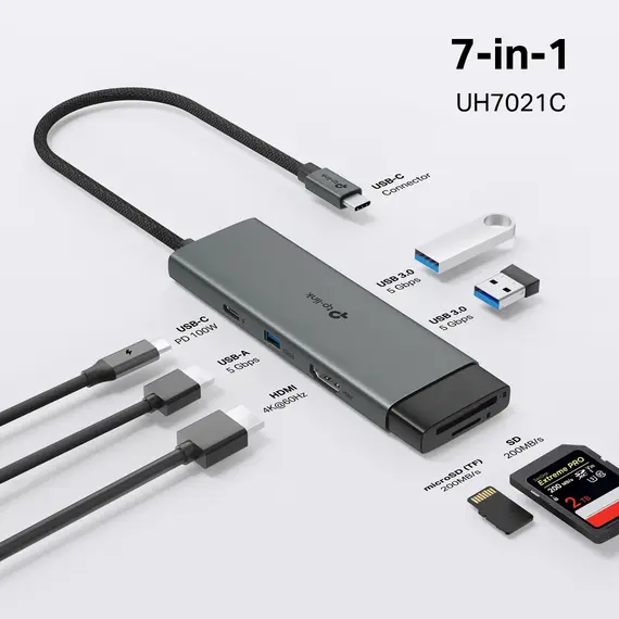 TP-LINK USB Type-C 7-Port Hub 1x USB-C Connector 1x HDMI 4K 60Hz Port 1x USB-C PD 100W Port 1x SD + 1x microSD TF up to 200MBps Port