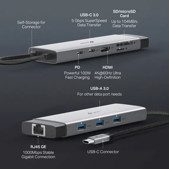 TP-LINK USB Type-C 9-Port Hub 1x USB-C Connector 1x HDMI 4K 60Hz Port 1x USB-C PD 100W Port 1x RJ45 1000Mbps Port