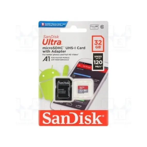Tarjeta de Memoria SanDisk Ultra 32GB microSD HC UHS-I con Adaptador/ Clase 10/ 120MBs
