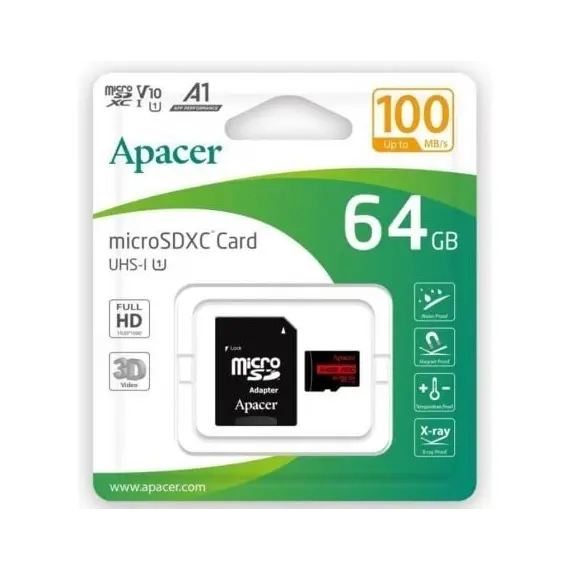 Tarjeta de Memoria Apacer 64GB XC UHS 1 con Adaptador/ Clase 10/ 100MBs