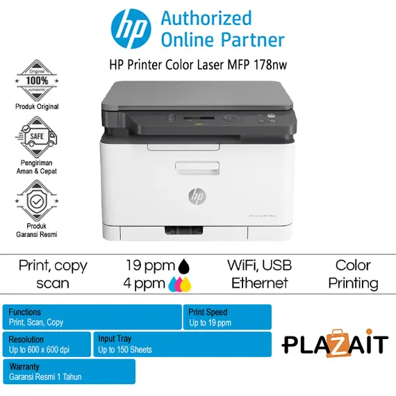 HP Color Laser MFP 178nw MFP colour laser A4 210x297mm A4 18ppmcopy 18ppmprint 150 sheets USB 2.0 LAN Wi-Fi