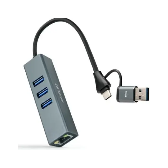 Hub USB + USB Tipo-C 3.0 Nanocable 10.03.0412/ 3xUSB/ 1xRJ45/ Gris
