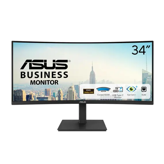 ASUS VA34VCPSN - Monitor LED - curvo - 34" - 3440 x 1440 @ 100 Hz - VA - 300 cd/m² - 3000:1 - 4 ms - HDMI, DisplayPort, USB-C - altifalantes - preto