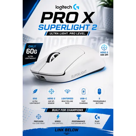 Logitech G PRO X SUPERLIGHT 2 - Limited Edition - rato - gaming - óptico - 5 botões - sem fios - 2.4 GHz - recetor USB Logitech LIGHTSPEED - azul cyan