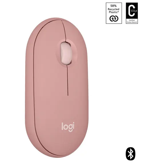 Logitech Pebble Mouse 2 M350s - Rato - óptico - 3 botões - sem fios - Bluetooth 5.2 LE - rosa tonal