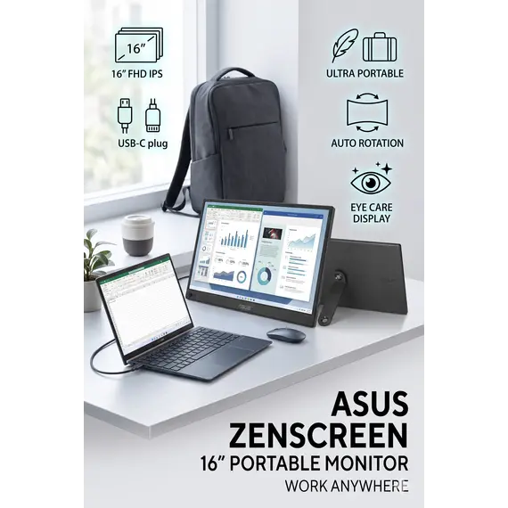 ASUS ZenScreen MB16NCG - Monitor LED - 16" - portátil - 2560 x 1600 @ 155 Hz - IPS - 400 cd/m² - 1500:1 - HDR10 - 5 ms - USB-C - preto