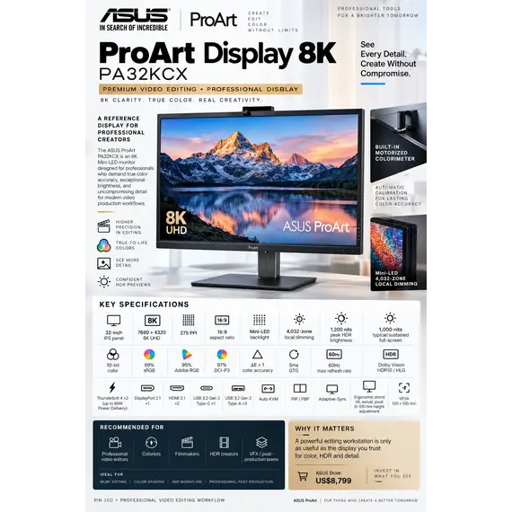 ASUS ProArt PA32KCX - Monitor LED - 32" - 7680 x 4320 8K @ 60 Hz - IPS - 1200 cd/m² - 1000:1 - DisplayHDR 1000 - 5 ms - 2xThunderbolt 4, 2xHDMI, Displ