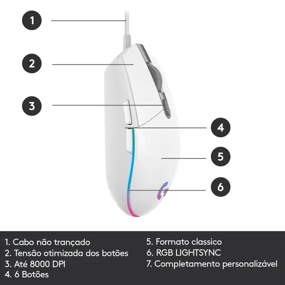 Logitech Gaming Mouse G203 LIGHTSYNC - Rato - óptico - 6 botões - com cabo - USB - branco